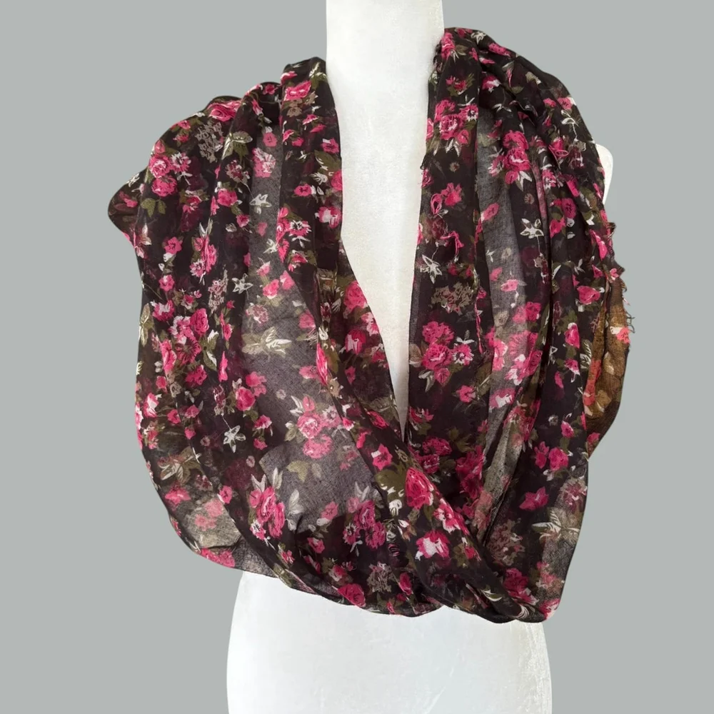 Black Pink Rose Floral Infinity Scarf